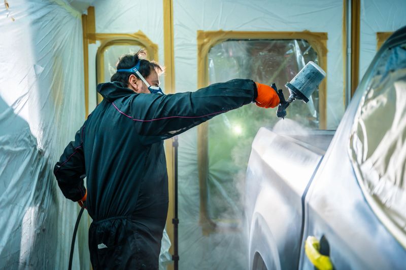 Mechanic wearing protective suit and respirator mask applying primer paint to a car door with a spray gun during the repair and restoration process in an auto body shop