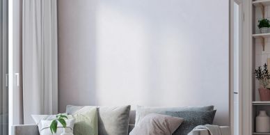 Cozy sofa with cushions and plants on shelves in a bright living room.