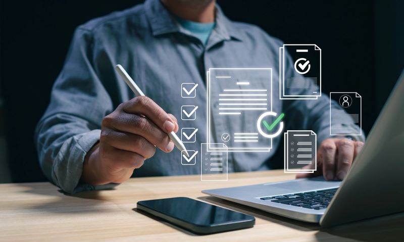Man using a stylus on a digital document to check tasks and manage files, symbolizing document management, digital organization, task tracking, and business productivity.