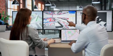 Two colleagues analyze 3D urban planning models on multiple monitors in an office.