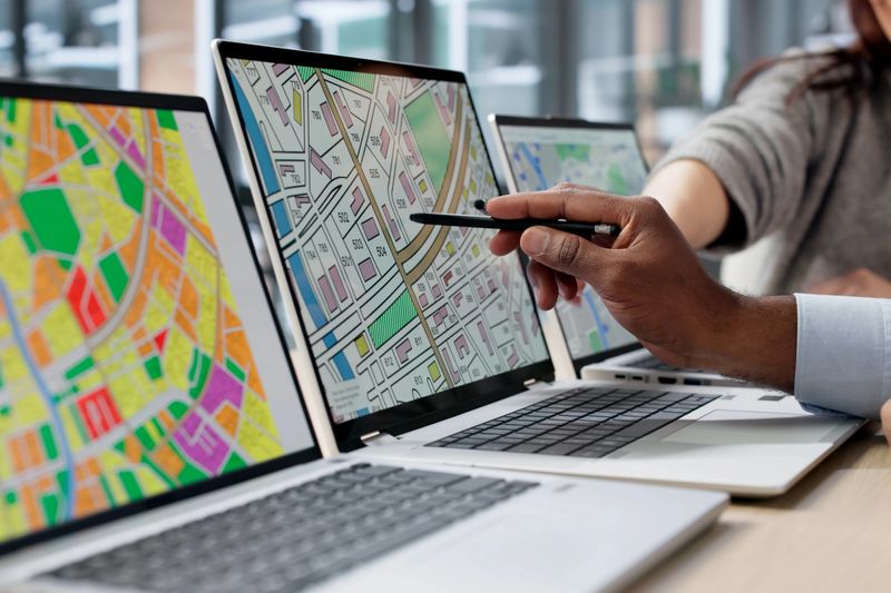 Two GIS Analysts Using Computers In Urban Office, Reviewing Cadastral Maps For Property Development Projects. A Man