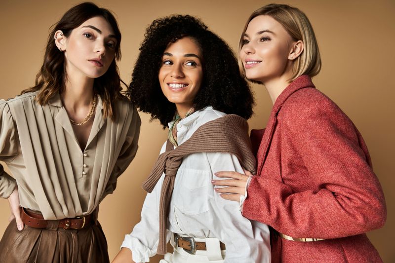 Three young beautiful multicultural women standing together in stylish attire, showcasing friendship and diversity.