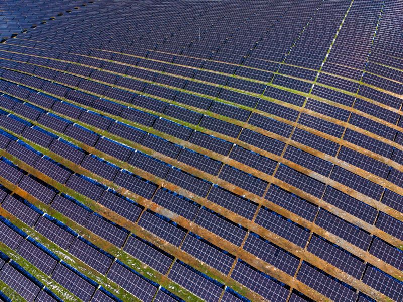 Rows of solar panels stretch across a wide field under a clear blue sky. The panels capture sunlight to generate renewable energy for the surrounding community.
