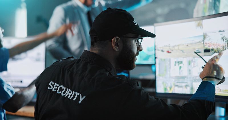 Man, security officer or pointing with surveillance for crime detection or safety in control room. Male person, guard or monitoring with radio coverage or cctv footage for alert or protection service