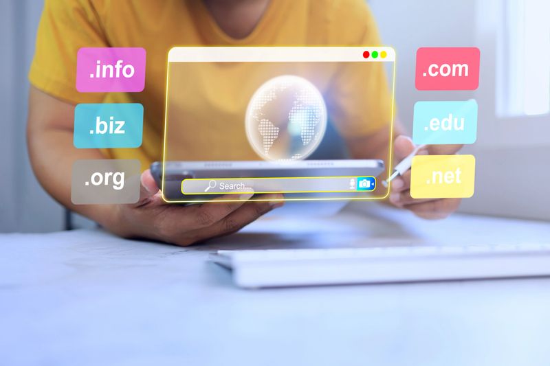 domain name system concept with a man using table to search in website, top level website domain business webpage