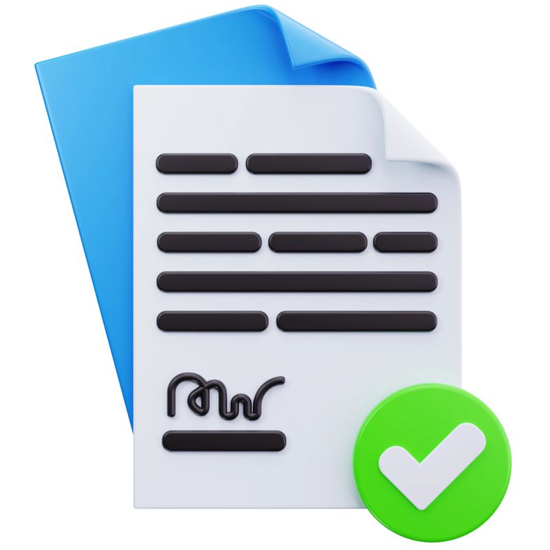 3D document with signature and approval mark representing signed contract or verified agreement