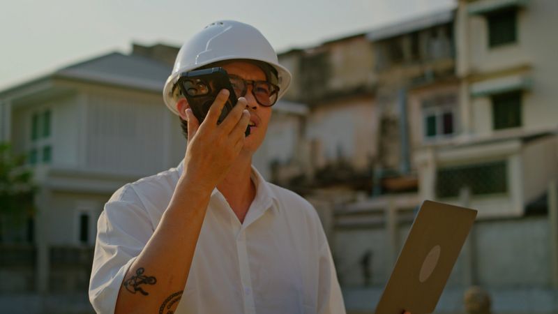 A professional shot of a young Asian male engineer or architect wearing a safety hard hat and working on a laptop at a construction site. He is conducting a site inspection, reviewing digital blueprints, or managing project data on location. This image represents the early stages of a project launch, professional expertise, and the integration of technology in construction and real estate development. Ideal for industrial, architectural, and business-related media, especially those focusing on "Safety First."