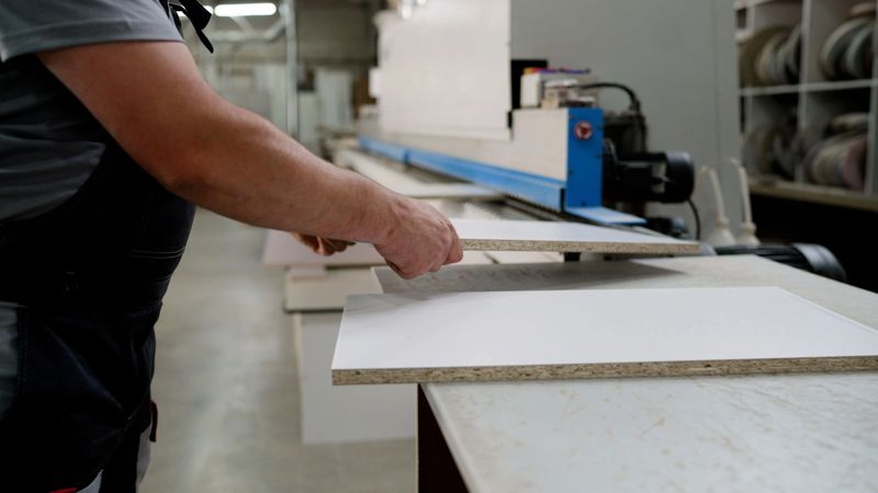 Close-up of a worker's hands taking processed wood panels from an edge bander machine in a busy furniture manufacturing workshop