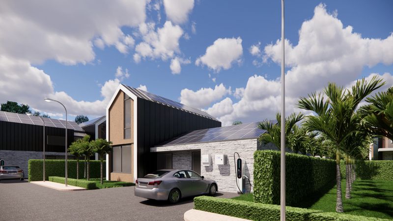 3d renders of sustainable houses.Home with solar panel.Side view of a large solar panel on a rooftop