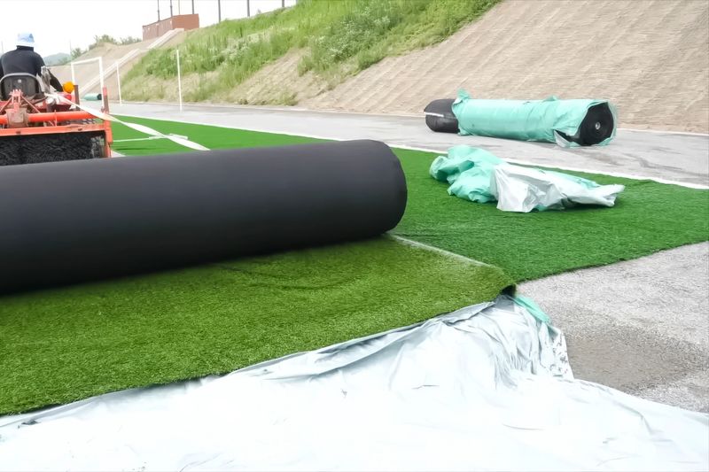 Spreading artificial turf in the stadium, rolling out rolls of lawn and leveling.