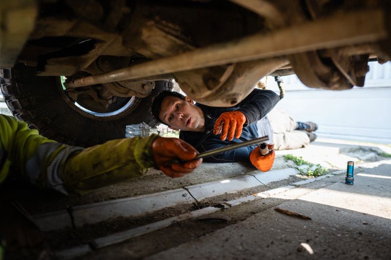 Auto mechanic inspecting car undercarriage in garage, performing diagnostics and repairs with tools and gloves, focused on maintenance