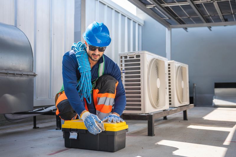 Professional HVAC technician opening toolbox to repair air conditioning units on rooftop, Maintenance engineer in safety harness preparing tools for industrial rooftop service