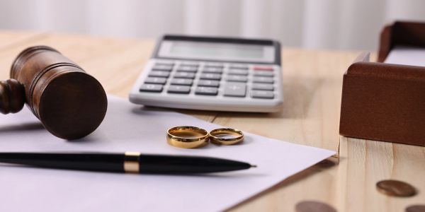 Divorce concept with rings, gavel, pen, and calculator.