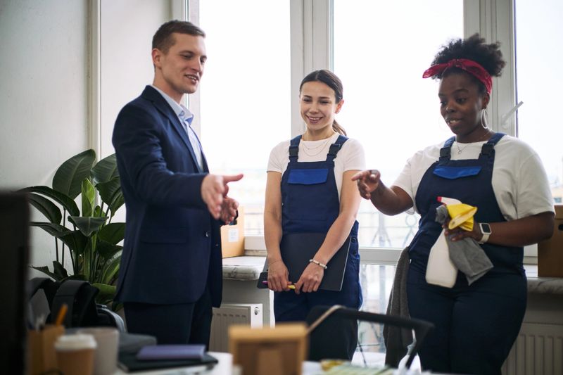 Caucasian young adult man greeting two young adult women cleaners, one Caucasian and one Black, both wearing uniforms and holding cleaning supplies, standing together in modern office