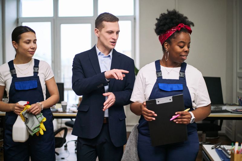 Young Caucasian man instructing young Black woman holding clipboard and young Caucasian woman holding cleaning supplies in office setting, coworkers preparing for cleaning tasks together