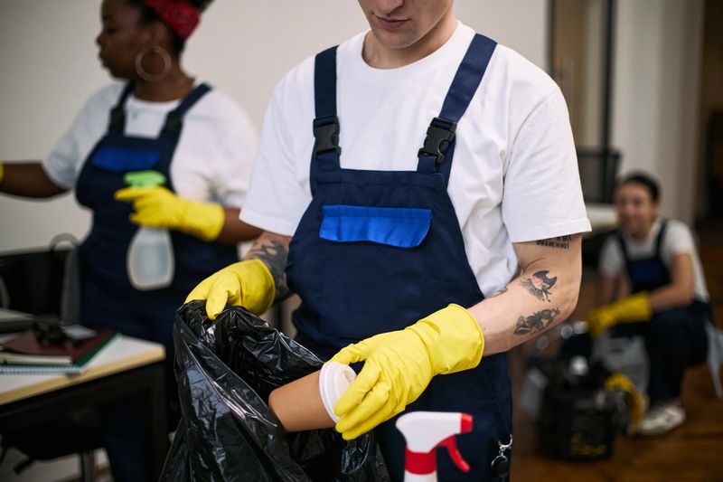 Young adult Caucasian man wearing yellow gloves cleaning office by throwing disposable cup into trash bag, while Black woman and young adult woman working in background with cleaning supplies