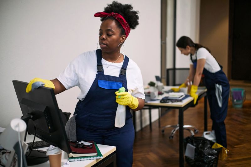 Black young adult woman cleaning computer monitor with spray bottle and cloth while Asian young adult woman, organizing desk in modern office workspace during cleaning routine