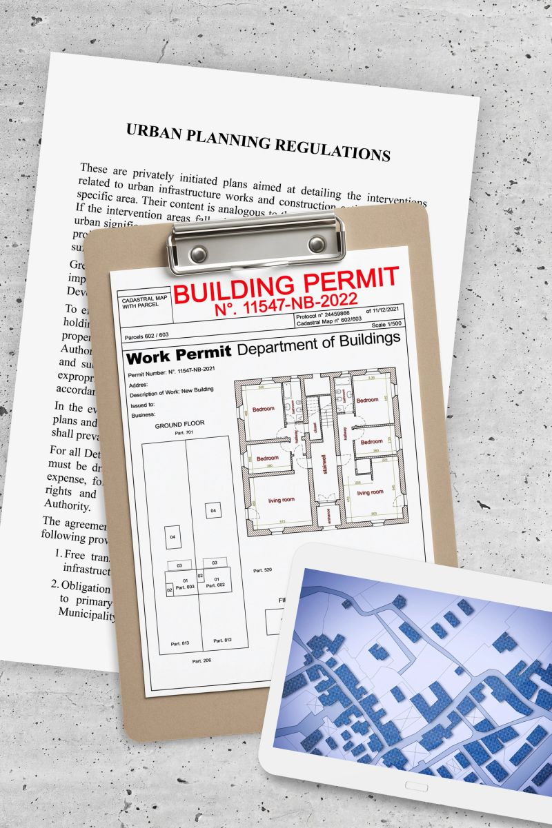 BUILDING PERMIT APPLICATION CONCEPTt with architectural floor plan, urban planning documents, rolled maps, and digital cadastral map on tablet - Construction and real estate theme
