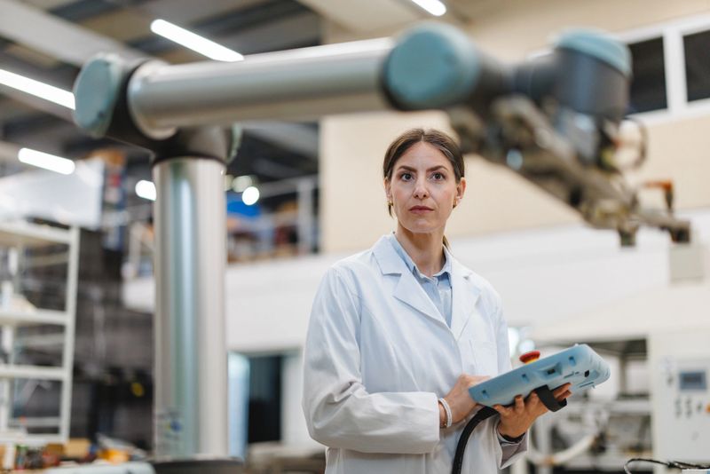 Mid adult Caucasian female engineer wearing a white lab coat operating a robotic arm using a control panel in a modern industrial laboratory setting. The environment features advanced technology and equipment arranged around the workspace.