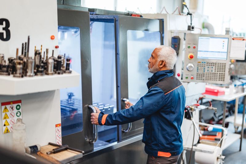 Mature technician wearing a blue jacket is operating a CNC machine in a modern industrial workshop. He is focused while handling the machine's controls, surrounded by various tools and equipment in a well-lit setting.