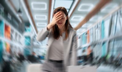 Woman covering her face in a blurry office background.