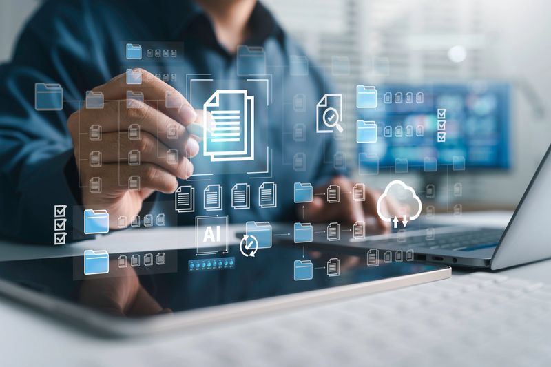 AI document management concept with intelligent data processing system, digital file storage organization, documentation database, automated workflow integration on laptop, smart business technology