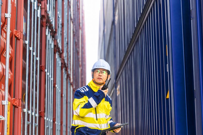 Managed time-sensitive delivery schedules and coordinated services. A male container yard engineer is using a walkies-talkie and holding a checklist on a digital tablet to confirm the shipment with the control room at a shipping port