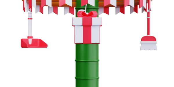 Festive cleaning tools and a gift box under a decorated canopy.