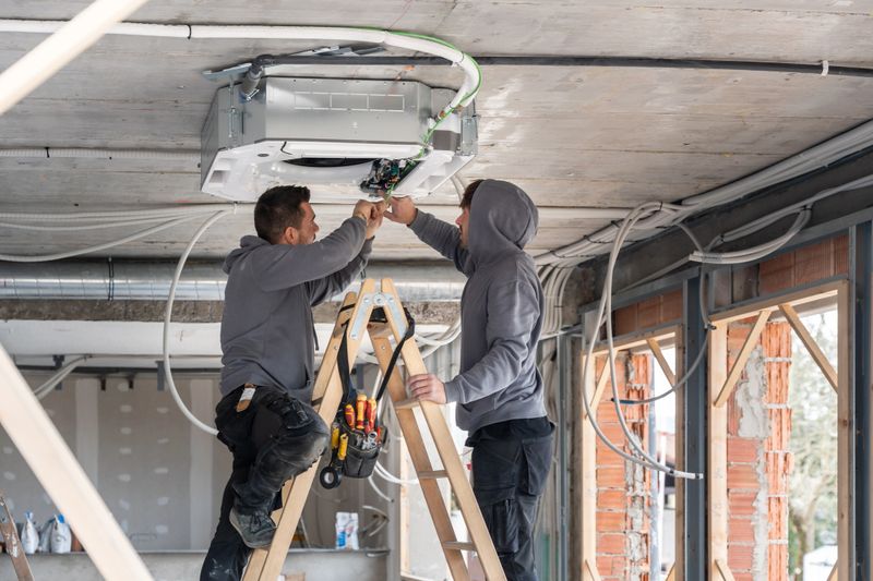 Two hvac technicians on a ladder installing a ceiling air-conditioning unit during commercial building renovation, working with wiring, ductwork and tools in teamwork