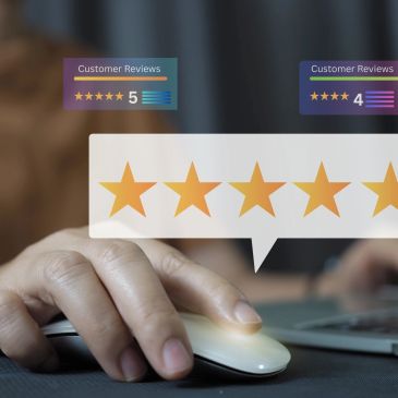 Hand using a computer mouse with star rating and customer reviews overlays.
