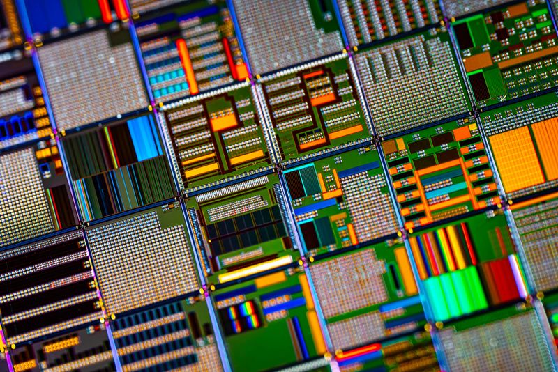 Detailed view of patterned silicon semiconductor wafer showing many integrated circuit dies in a geometric grid, colorful electronic texture for chip manufacturing and technology themes.