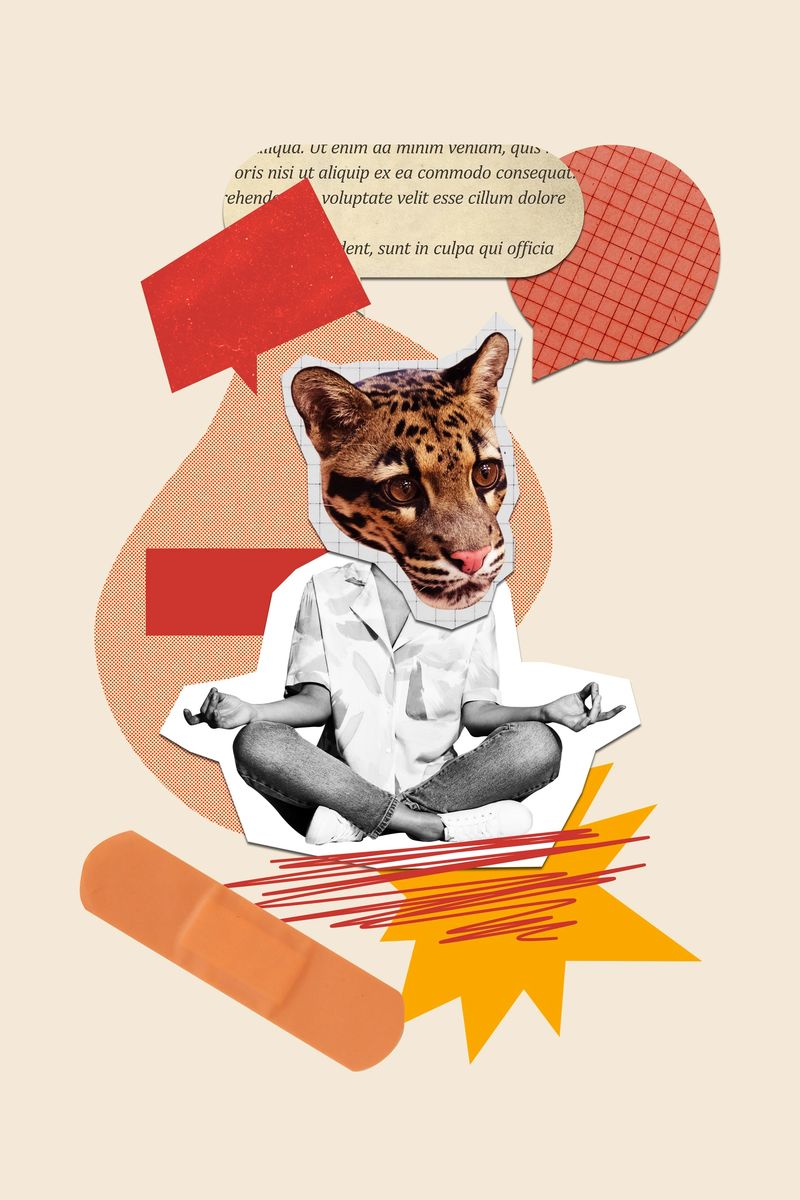 Trend artwork template design 3D collage sketch of head animal leopard woman body sit meditate dialog conversation speech sticker quote.
