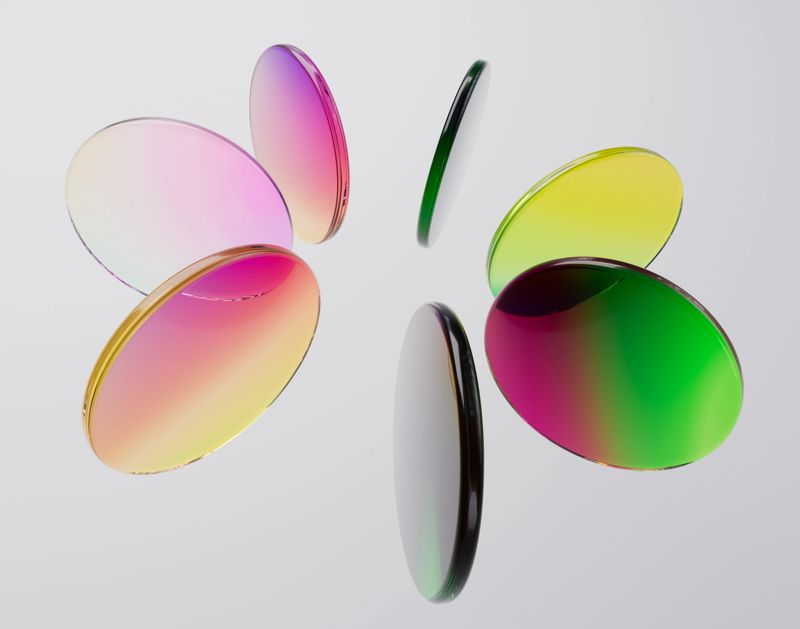 Minimalist 3d rendering of floating translucent glass disc with colorful holographic edge on light background. Abstract geometric composition for technology, optics, and modern digital art.