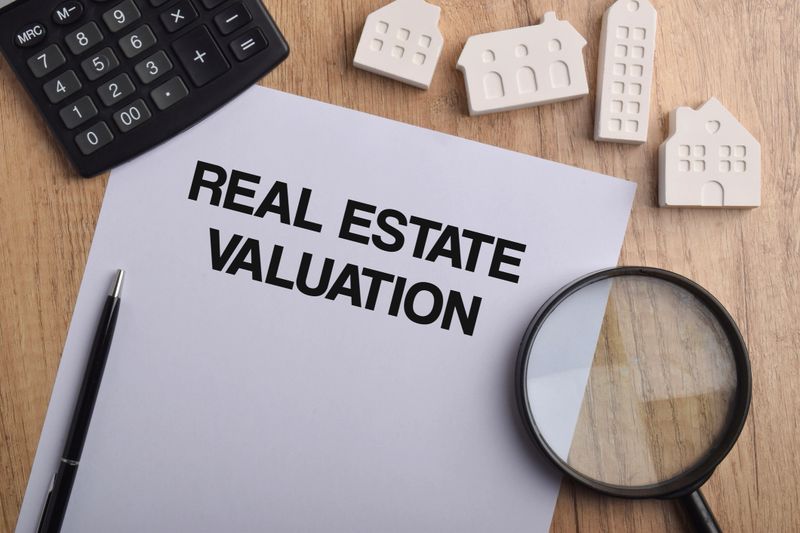 Real estate valuation document with calculator, magnifying glass, pen, and miniature house. Property appraisal, housing price analysis, mortgage planning, and real estate investment concept.