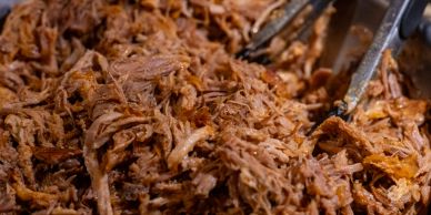Close-up of shredded barbecue pulled pork.
