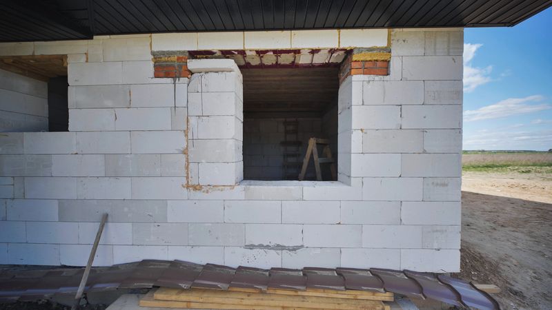 House wall under construction using modern aerated concrete blocks, showing a partially built window opening