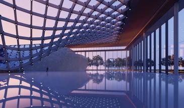 Modern architectural interior with large glass walls and reflective water floor.