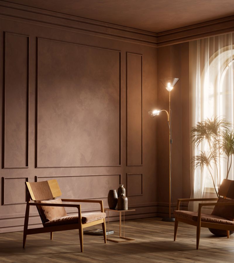 Conceptual living interior featuring classic wall panels, warm daylight, wooden chairs and soft textures. A calm, elegant space with timeless proportions and refined atmosphere. 3D illustration