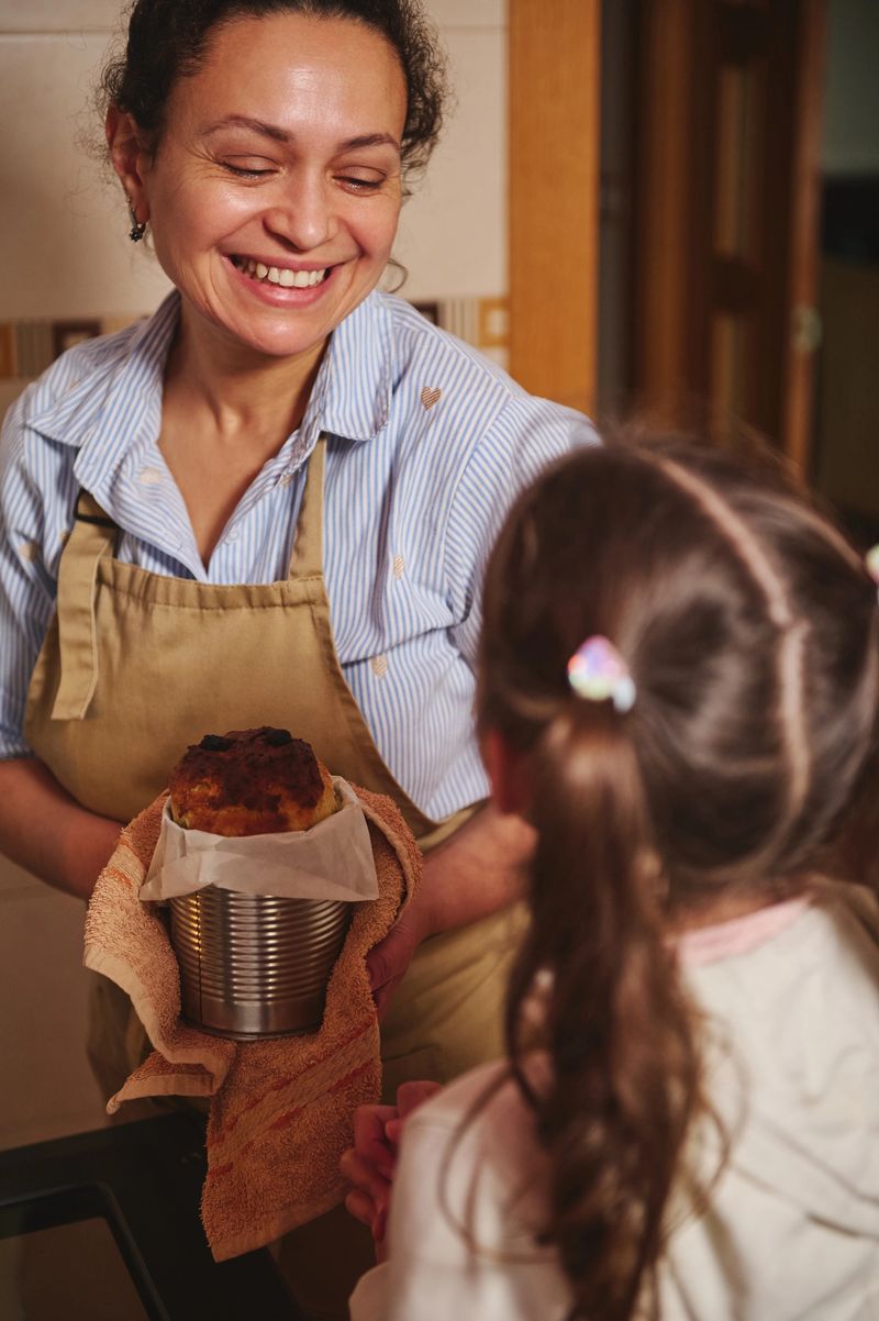 Warm moment of a mother teaching her daughter to bake a handmade Easter cake or panettone in a cozy kitchen, sharing smiles, skills and family baking traditions while bonding.