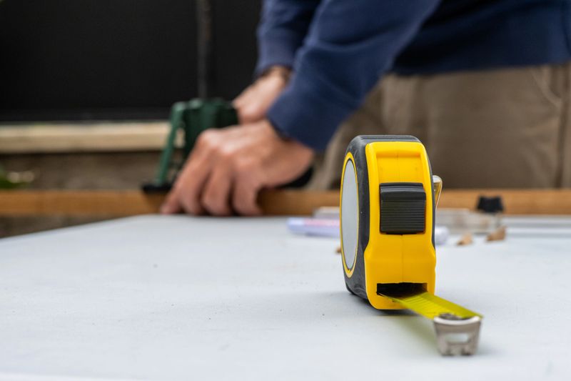 Man concentrating on diy home improvement, cutting a wooden plank with a jigsaw on a workbench, showcasing skilled woodworking, precision and focused hands-on repair and renovation