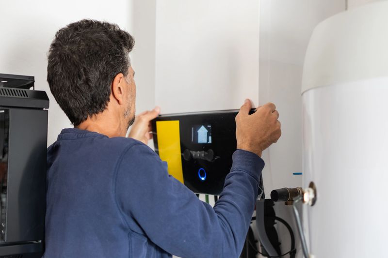Man installing a modern smart control panel, optimizing energy efficiency and heating system performance in a contemporary residential setting while performing home improvement and maintenance
