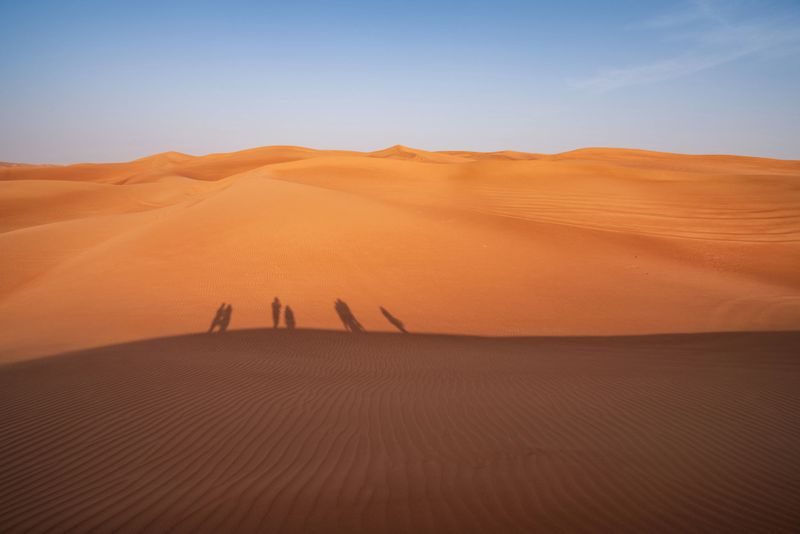 Long shadows of people walking on golden desert sand dunes under a clear blue sky, evoking journey and exploration