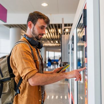 Man using a vending machine while holding a phone.