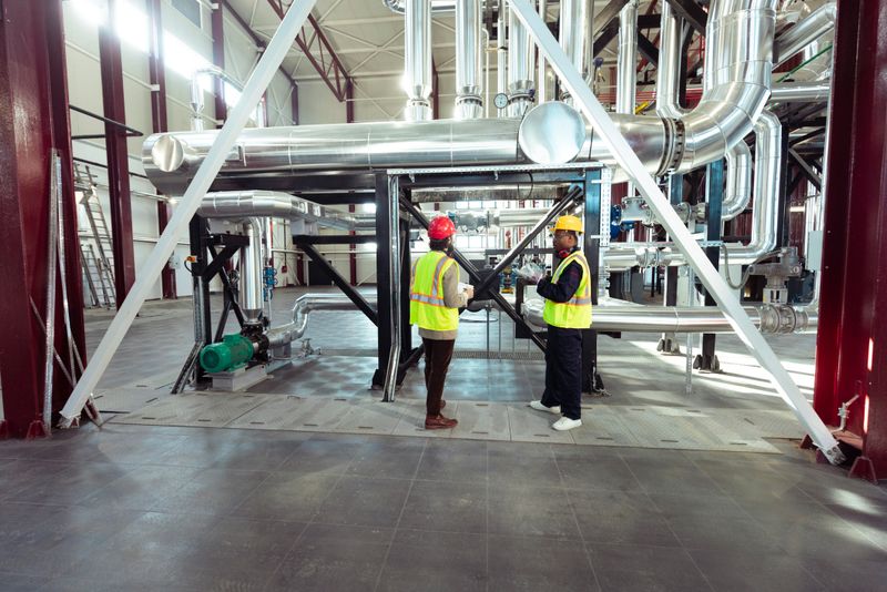 Diverse Engineers Discussing Maintenance Plans in Large Power Plant