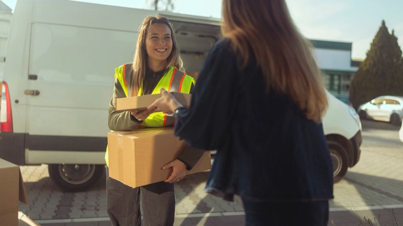 A carefree female delivery driver, dressed in a professional uniform or safety vest, hands over a cardboard parcel to a female customer standing at the entrance of her house