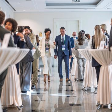 Professionals networking and mingling at a formal business event.
