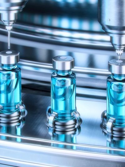 Vials being filled with blue liquid in a lab automated system.