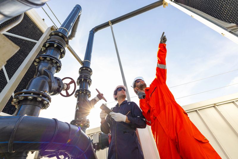 Two industrial engineers wearing safety helmets analyzing equipment data on a tablet while communicating via radio near large pipeline infrastructure.