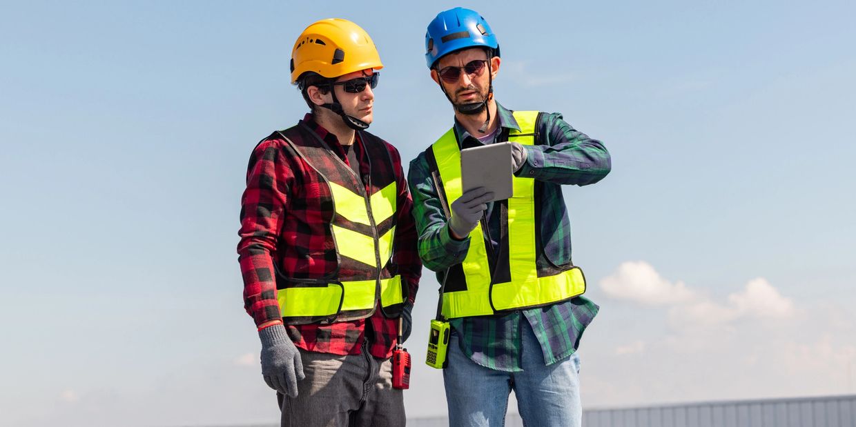 Construction safety consultant inspecting a jobsite and ensuring workers follow safety standards.