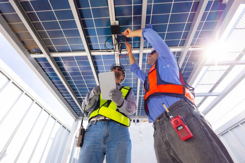 Two solar technicians installing and inspecting microinverter wiring beneath rooftop photovoltaic panels during renewable energy system setup.